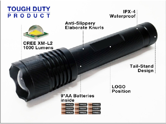 Lumen principal de la torche 1000 de haute sécurité de bourdonnement avec 9 * batteries d'aa