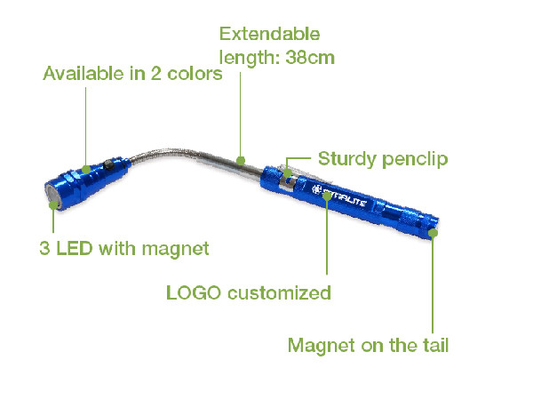 Matériel mené magnétique télescopique extensible d'alliage d'aluminium de la lampe-torche 38cm